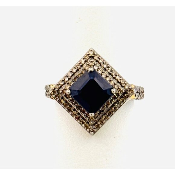 Estate Two-Tone Sterling Silver Blue Gemstone CZ Halo Statement Ring 6.5 925 - Picture 1 of 10